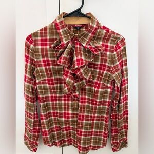 Eland Red & Brown Plaid Ruffle Button-Down Blouse